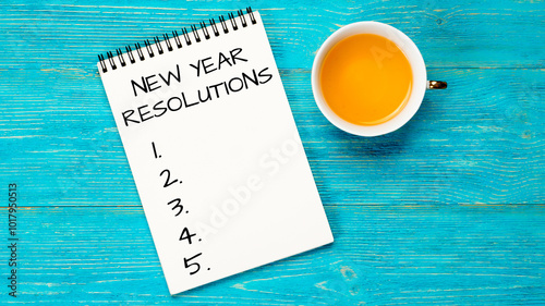 new year resolutions concept, social media post template, minimalistic turquoise wooden background