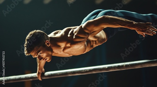 A muscular man performs a dip exercise in a gym, looking focused and determined.