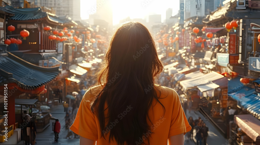 A person gazes over a vibrant market at sunset, filled with lanterns. A person gazes over a vibrant market at sunset, filled with lanterns.