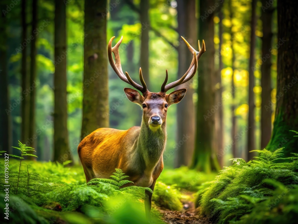Majestic Deer in Natural Habitat, Graceful Creatures Roaming Through Lush Green Forest Landscape Majestic Deer in Natural Habitat, Graceful Creatures Roaming Through Lush Green Forest Landscape