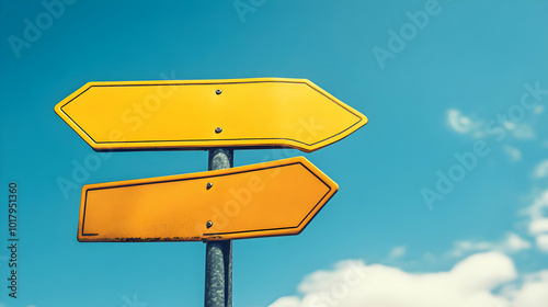 Yellow Directional Signs Against Blue Sky.