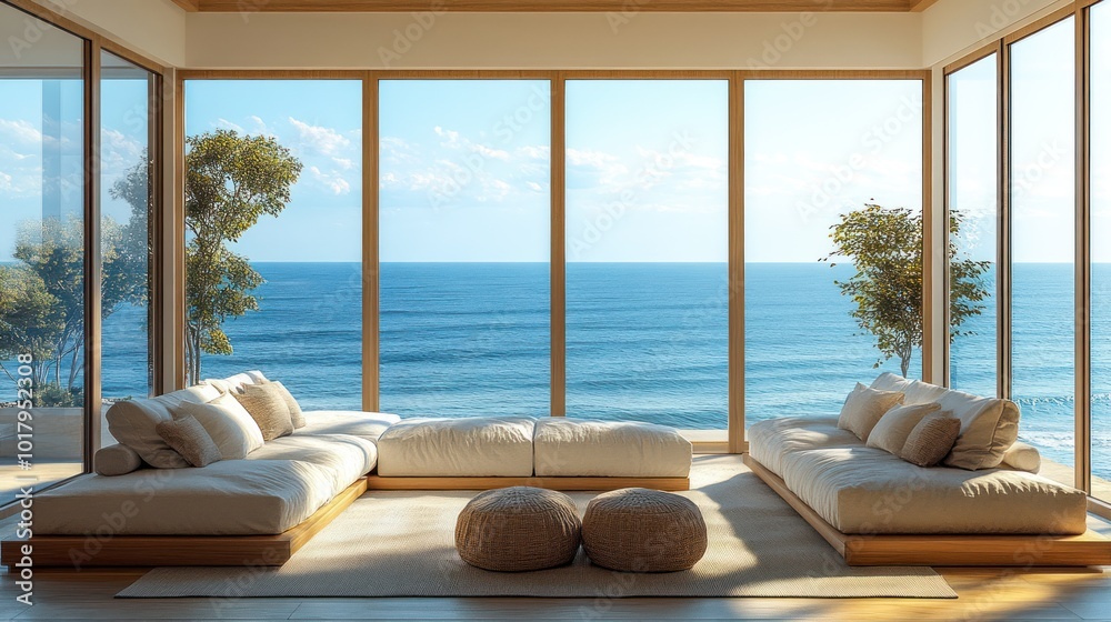 Modern living room with ocean view and minimalist design. Modern living room with ocean view and minimalist design.