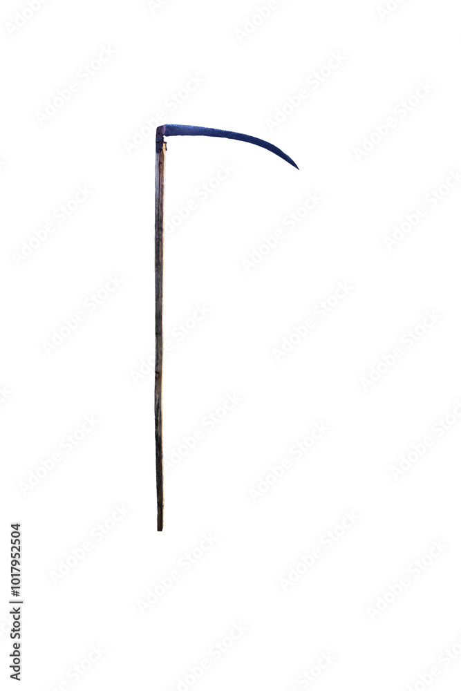 scythe. very old, there are traces of rust. on a white background. close-up