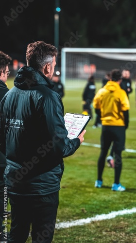 A coach observes a soccer practice session, holding a clipboard with notes.