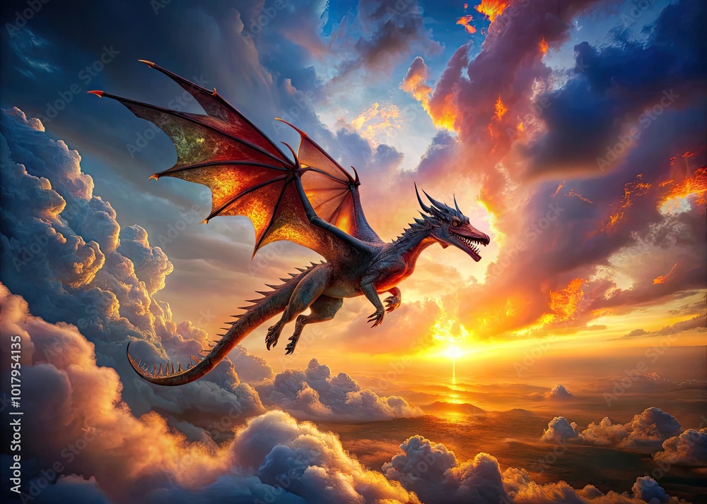 Majestic Dragon Soaring Through the Sky with Fiery Breath Against a Dramatic Sunset Background