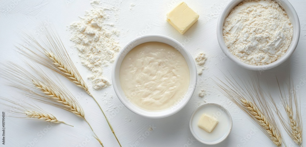 Ingredients for baking: flour, butter, yogurt, and wheat on a clean white surface Ingredients for baking: flour, butter, yogurt, and wheat on a clean white surface