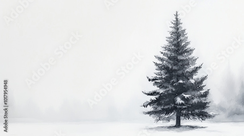 Minimalist watercolor of a snow-covered spruce in a winter landscape with copy space


