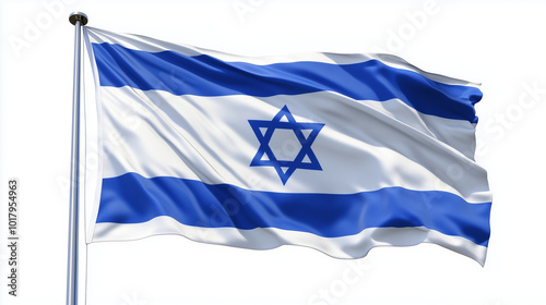 Official national flag of Israel, white with blue stripes and star of David, isolated on white background

