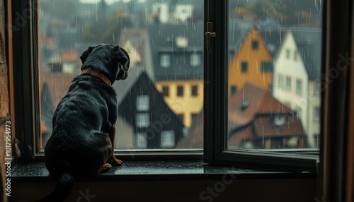 A black dog sits quietly by an open window, gazing out at a rainy day