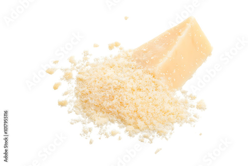 Parmesan cheese grated isolated on white, top view