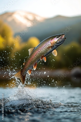 Rainbow trout jumping out of clear water with mountains in the background dur...
