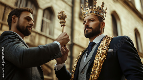A King Bestows Honor by Placing a Scepter on the Shoulder of a Businessman in an Elaborate Ceremony at a Historic Kingdom Setting