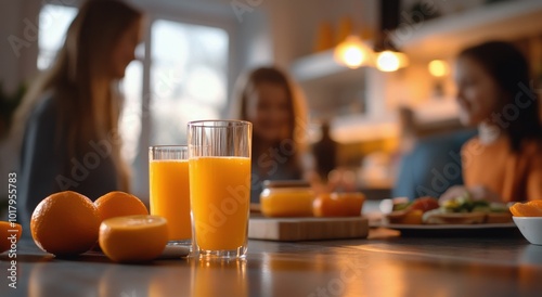 Friends enjoying breakfast with fresh orange juice and fruit on a cozy mornin...