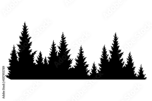 Obraz na płótnie Fir trees silhouette. Coniferous spruce horizontal background pattern, black evergreen woods vector illustration. Beautiful hand drawn panorama of coniferous forest w salonie