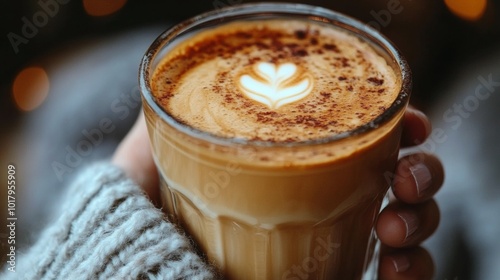 Warm cup of latte art held by a person in a cozy cafe setting with soft lighting