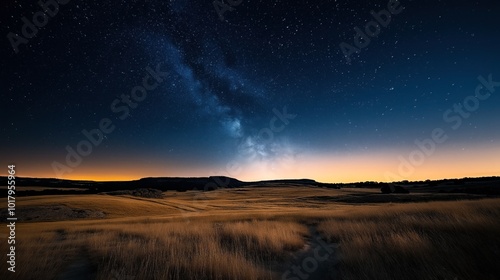 Starry night sky with the Milky Way over a serene, vast golden field and distant hills, showcasing a beautiful contrast between the dark sky and golden horizon glow.