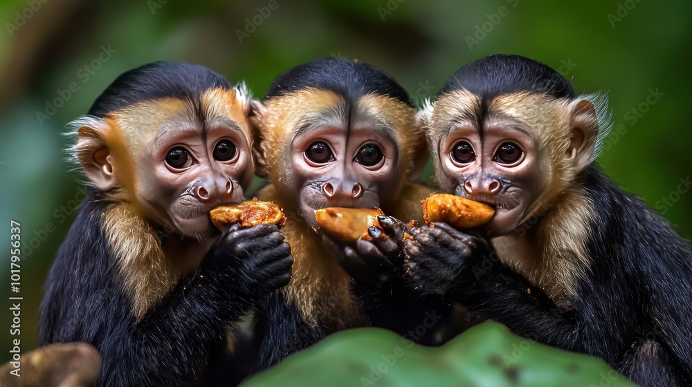 Three monkeys enjoying snacks in a lush green environment. Three monkeys enjoying snacks in a lush green environment.