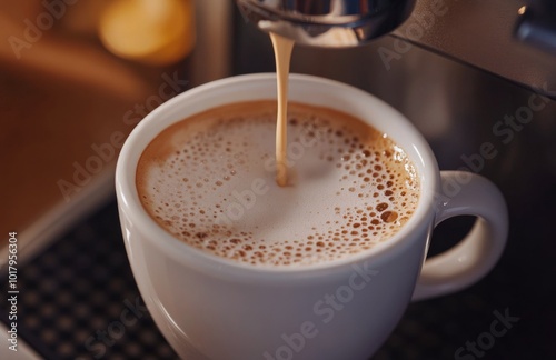 Freshly brewed espresso pouring into a white cup with rich crema in a cozy co...