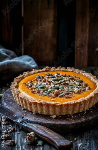 Delicious pumpkin pie with nuts and seeds on a rustic wooden table in autumn