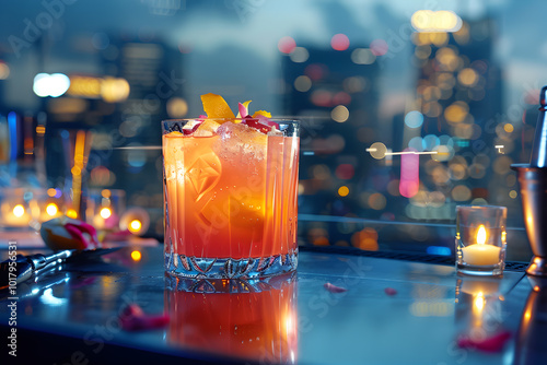 Elegant cocktail served on a bar counter closeup view 
