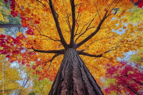 Vibrant autumn foliage showcased in a large maple tree under clear blue skies...