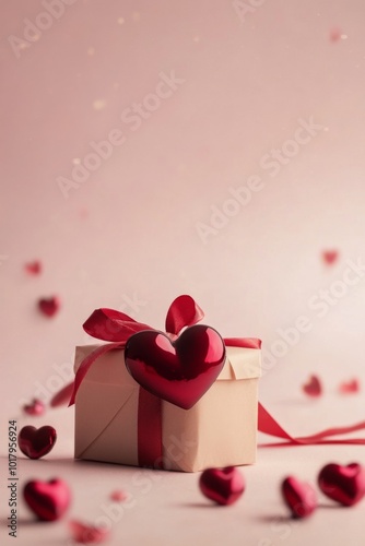 Romantic gift box decorated with a red heart on a soft pink background during...