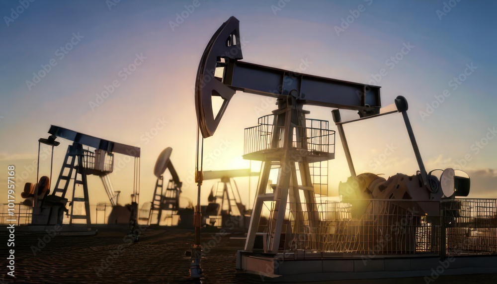 Oil pumps at sunset in a vast oil field. Oil industry. Oil pumps at sunset in a vast oil field. Oil industry.