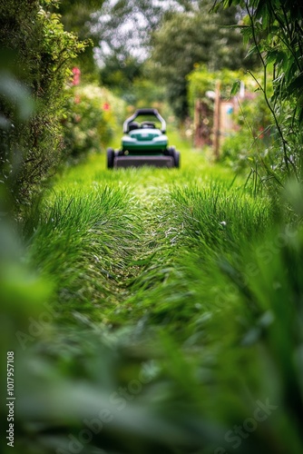 Lush green garden pathway with a lawn mower ready to trim the grass on a sunn...