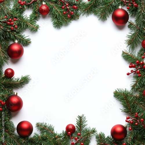 Festive holiday decoration with pine branches, ornaments, and pine cones set ...