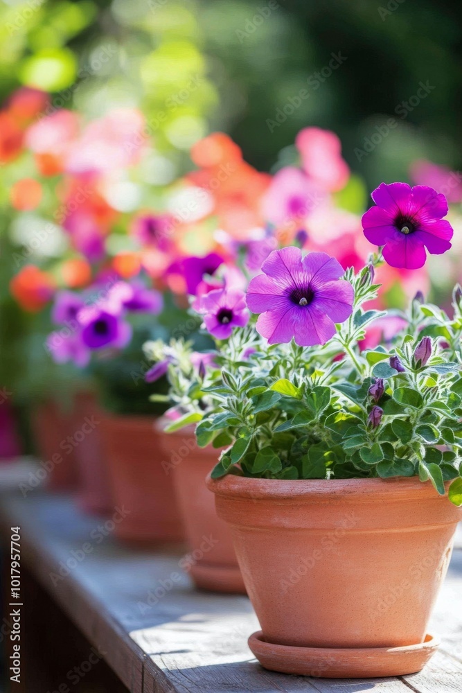 Colorful petunias in clay pots on a garden table during a sunny afternoon in spring Colorful petunias in clay pots on a garden table during a sunny afternoon in spring