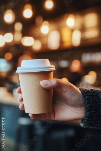 Warm coffee cup held by a person in a cozy café during a relaxed afternoon