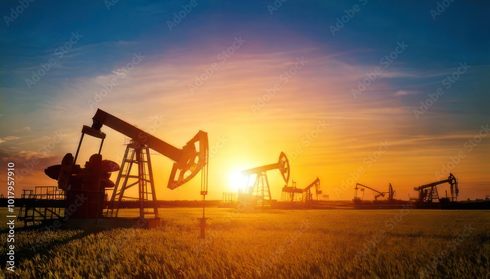  Oil pumps at sunset in a vast oil field. Oil industry.