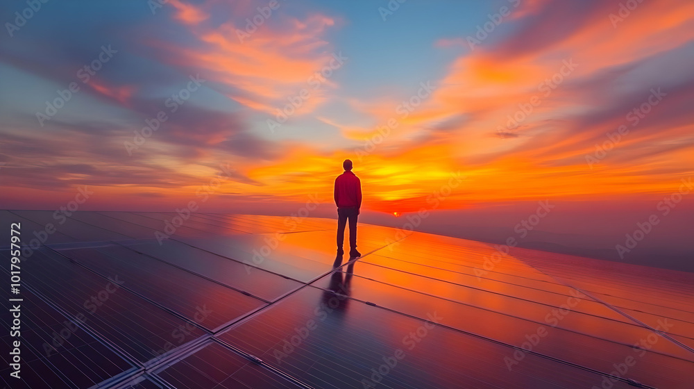 Man Standing on Solar Panels at Sunset. Man Standing on Solar Panels at Sunset.