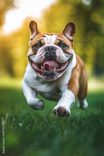 Happy bulldog running joyfully through a park during a sunny autumn afternoon