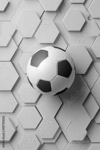 Soccer ball resting against a modern hexagonal wall design in a minimalist setting