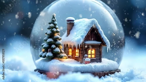 Charming Snow Globe with House Model and Christmas Tree a Festive Holiday Scene