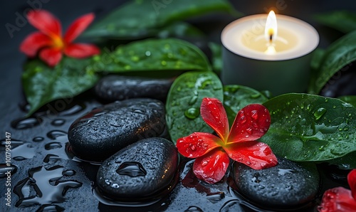 black spa stones arranged with fresh green leaves, a lit white candle, Generative AI