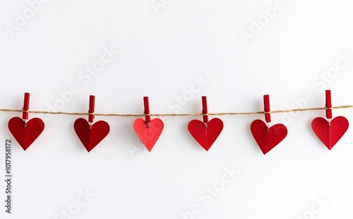 Colorful paper hearts hanging on a string against a white background for deco...