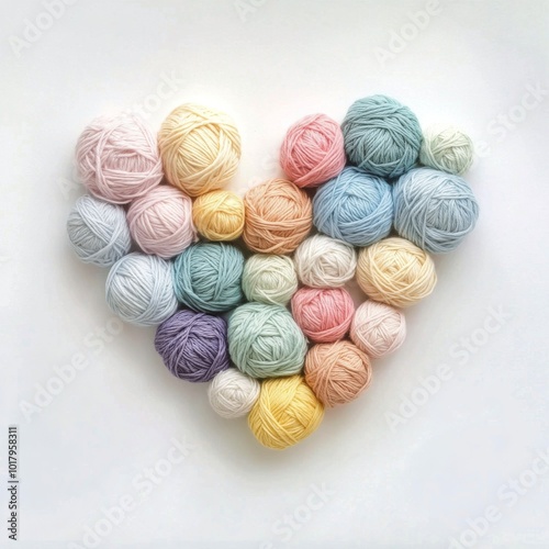 Colorful yarn balls arranged in a heart shape on a light background for craft...