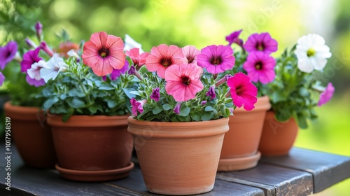 Colorful petunias blooming in terracotta pots on a sunny garden table in spri...