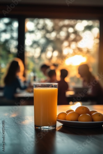Glass of orange juice beside a plate of fruit at sunset, with people gatherin...