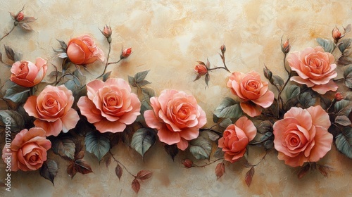 Beautiful pink roses in full bloom against a textured golden background in a ...