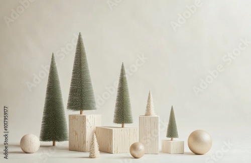 A minimalist display of festive trees and decorative ornaments for a serene h...