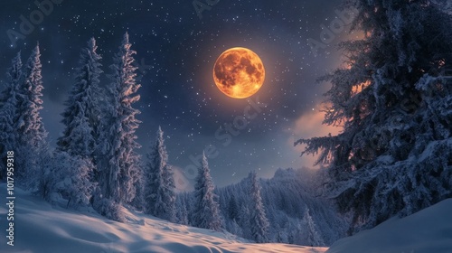 A snowy winter night illuminated by a full moon over a tranquil forest landscape