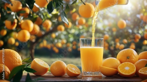 Freshly squeezed orange juice being poured into a glass among ripe oranges in...