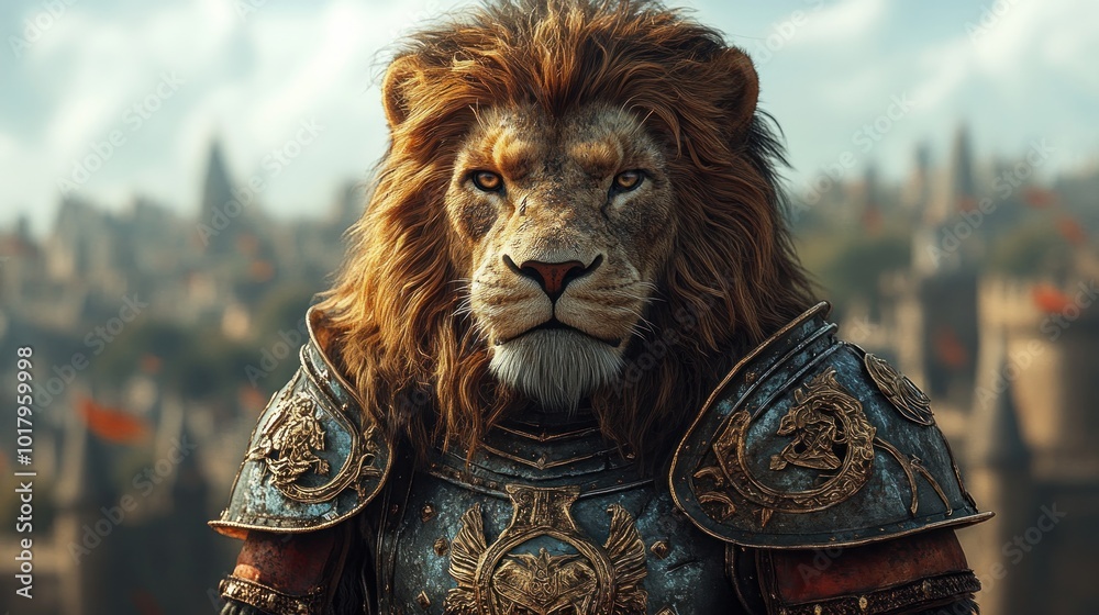 A majestic lion in ornate armor against a city backdrop. A majestic lion in ornate armor against a city backdrop.