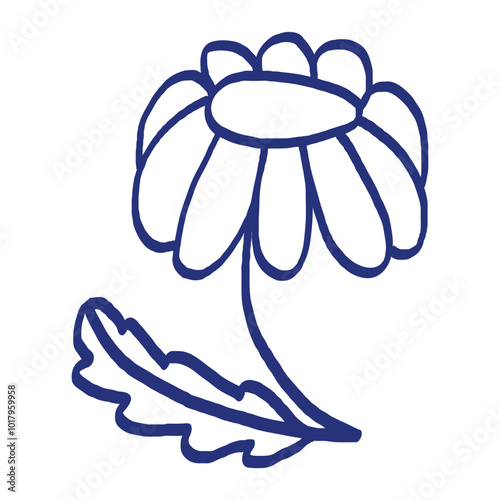 Flower sketch. Hand drawn vector illustration. Blue pen or marker drawing. Primitive kids picture