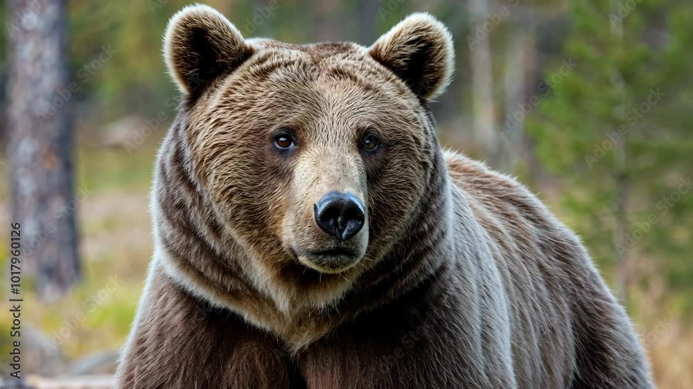 Brown bear in forest clearing gazing into camera with focused expression Brown bear in forest clearing gazing into camera with focused expression