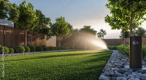Lawn irrigation in a modern garden at sunset with fresh grass and lush greene...