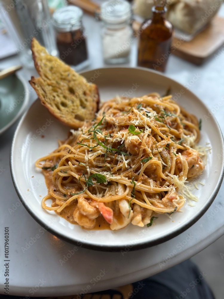 Prawn pasta with sourdough Prawn pasta with sourdough